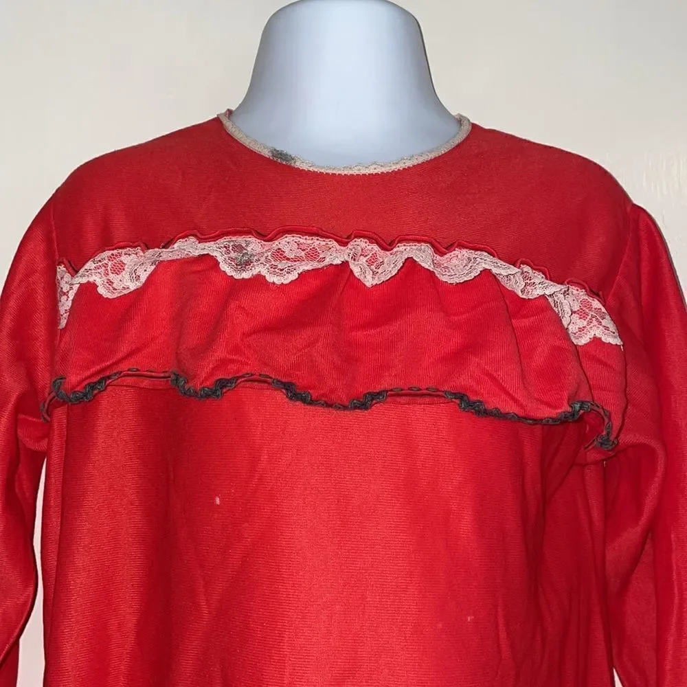 Vtg 60s/70s red little girls‎ long nightgown with long sleeves & lace detailing